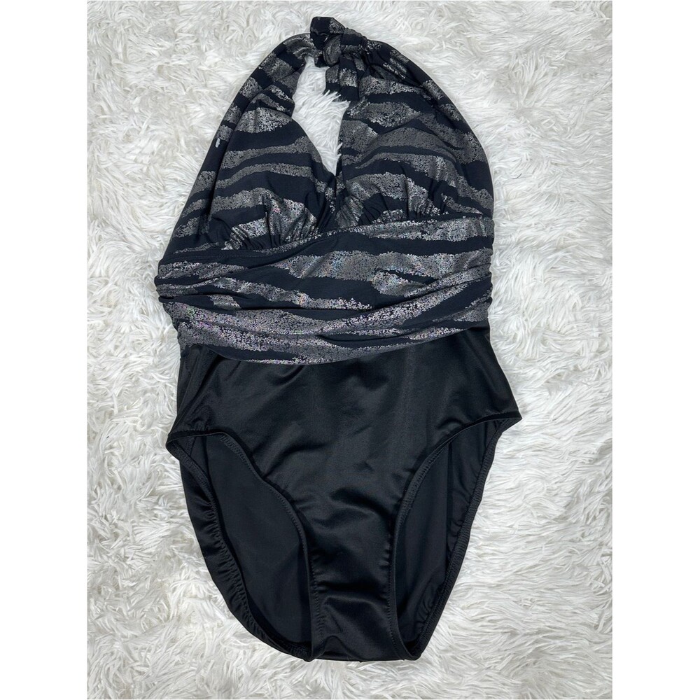 Magicsuit Woman Swimsuit Size 10 Black Silver Metallic Yves One-Piece Halter - Picture 5 of 11
